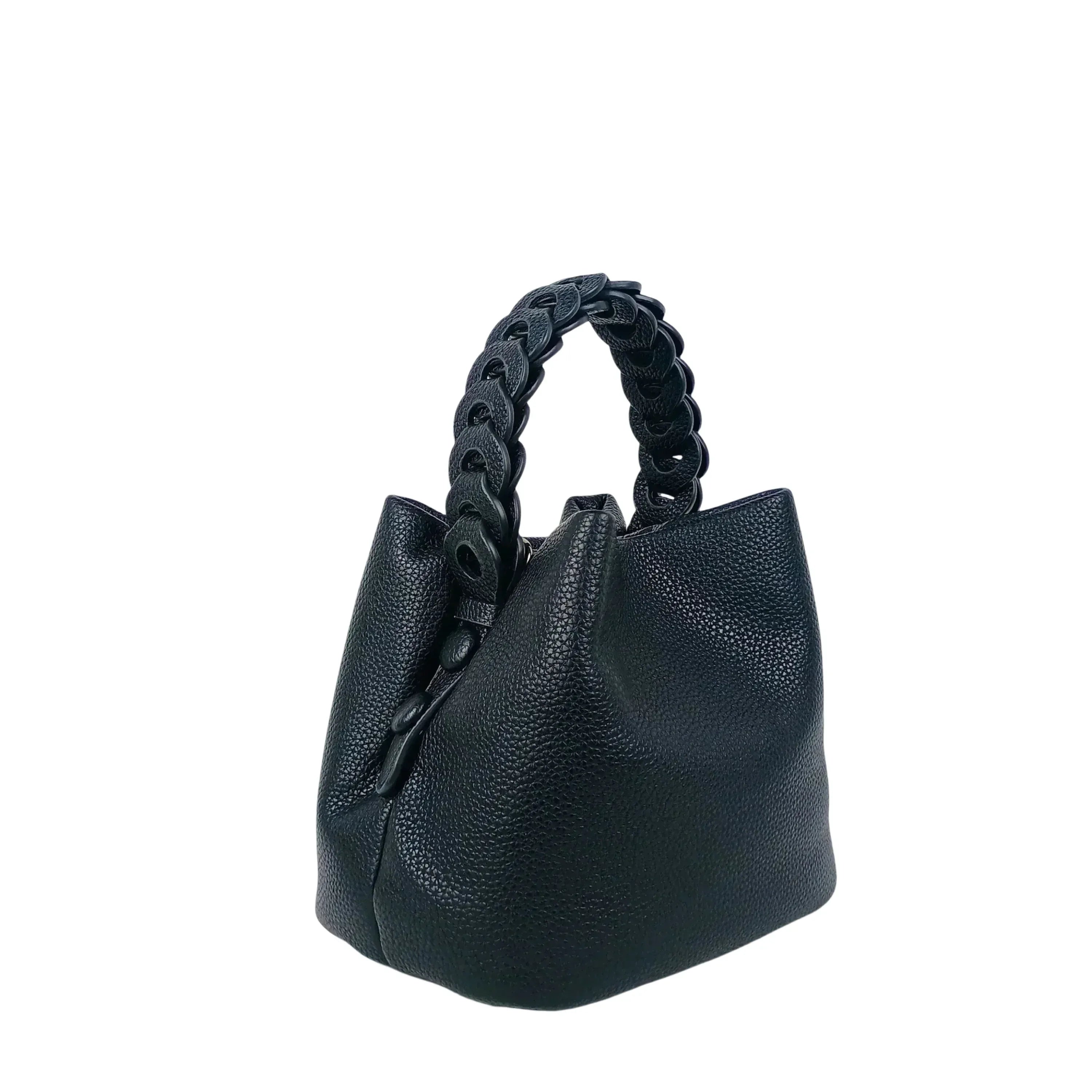 Stile Donna borsa secchiello ecopelle nera manico intrecciato – dettaglio esterno