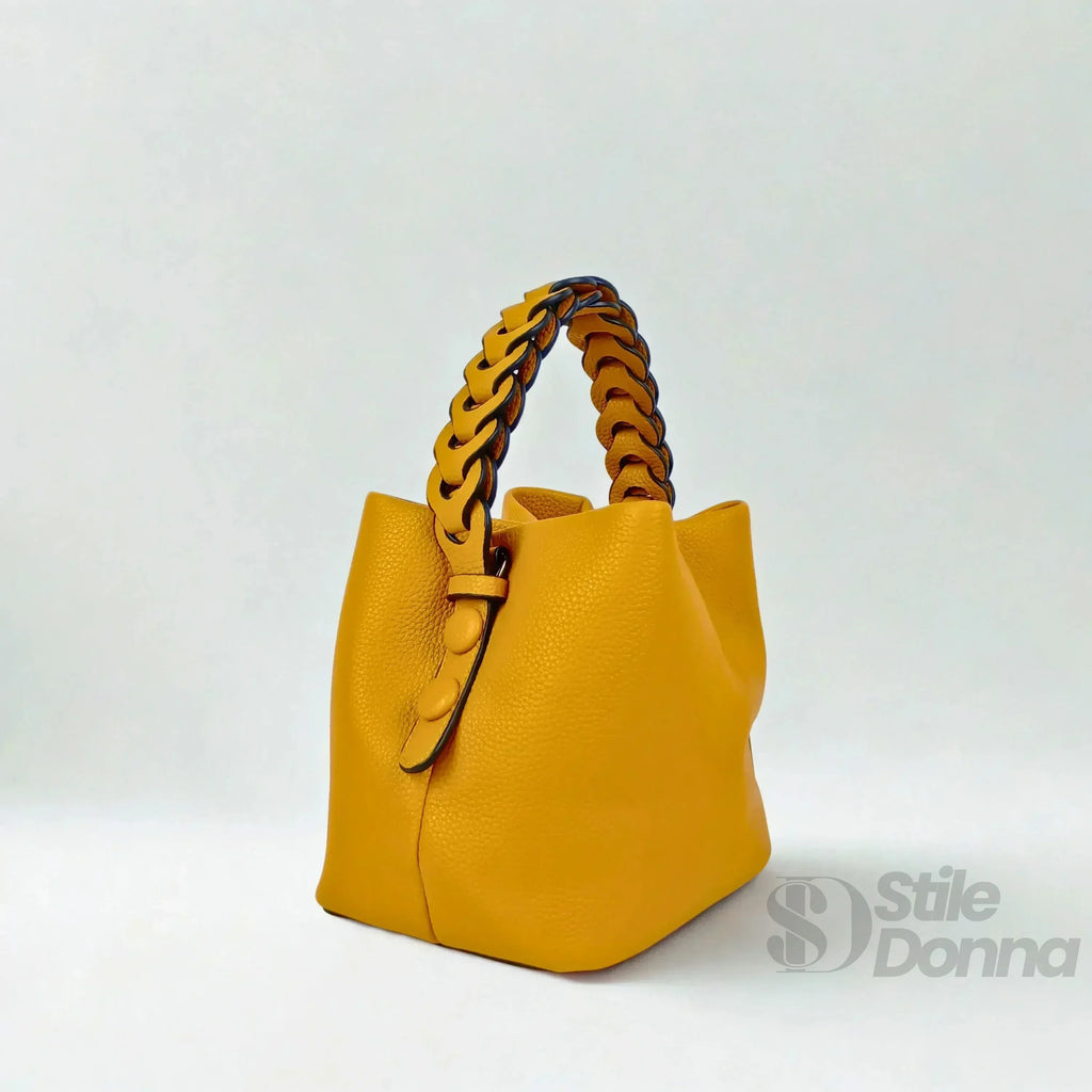 Stile Donna borsa secchiello ecopelle giallo senape vivace – dettaglio chiusura