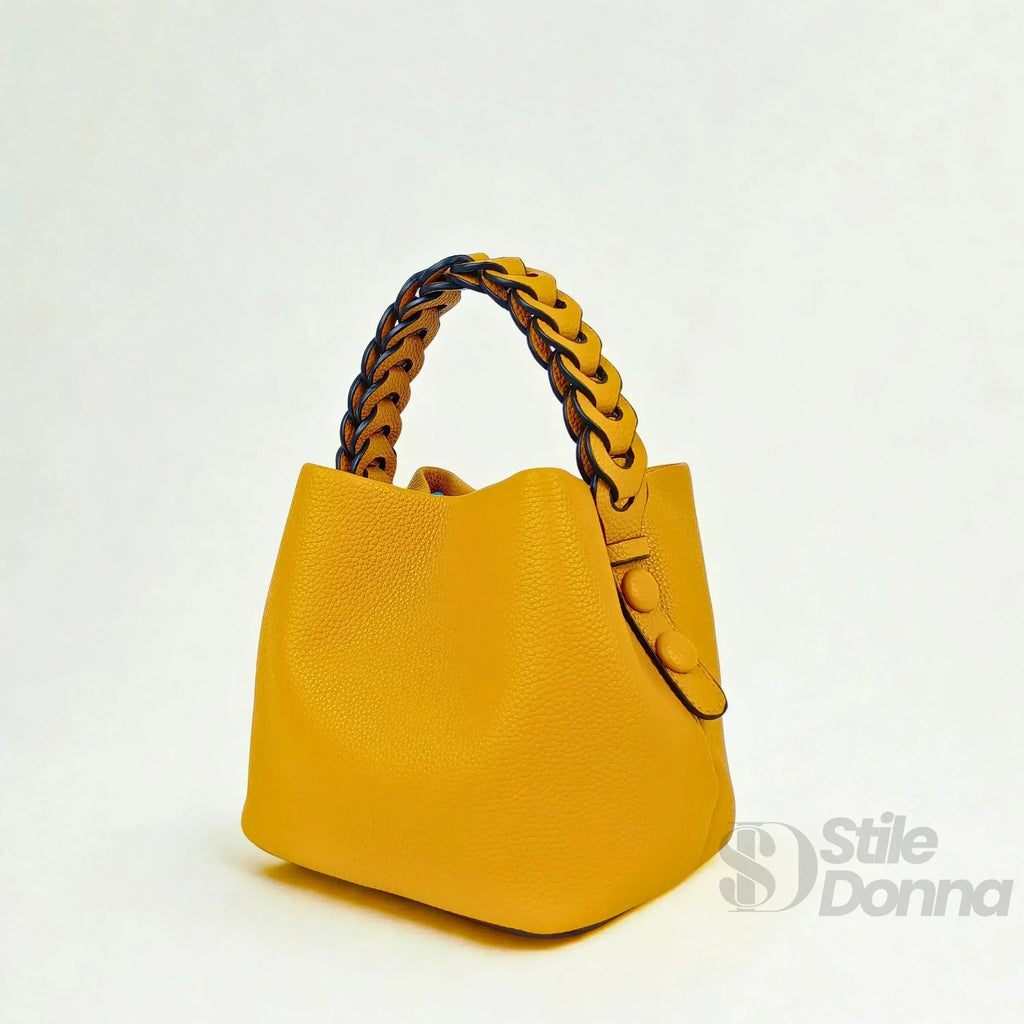 Stile Donna borsa secchiello ecopelle giallo senape vivace – vista dall'alto