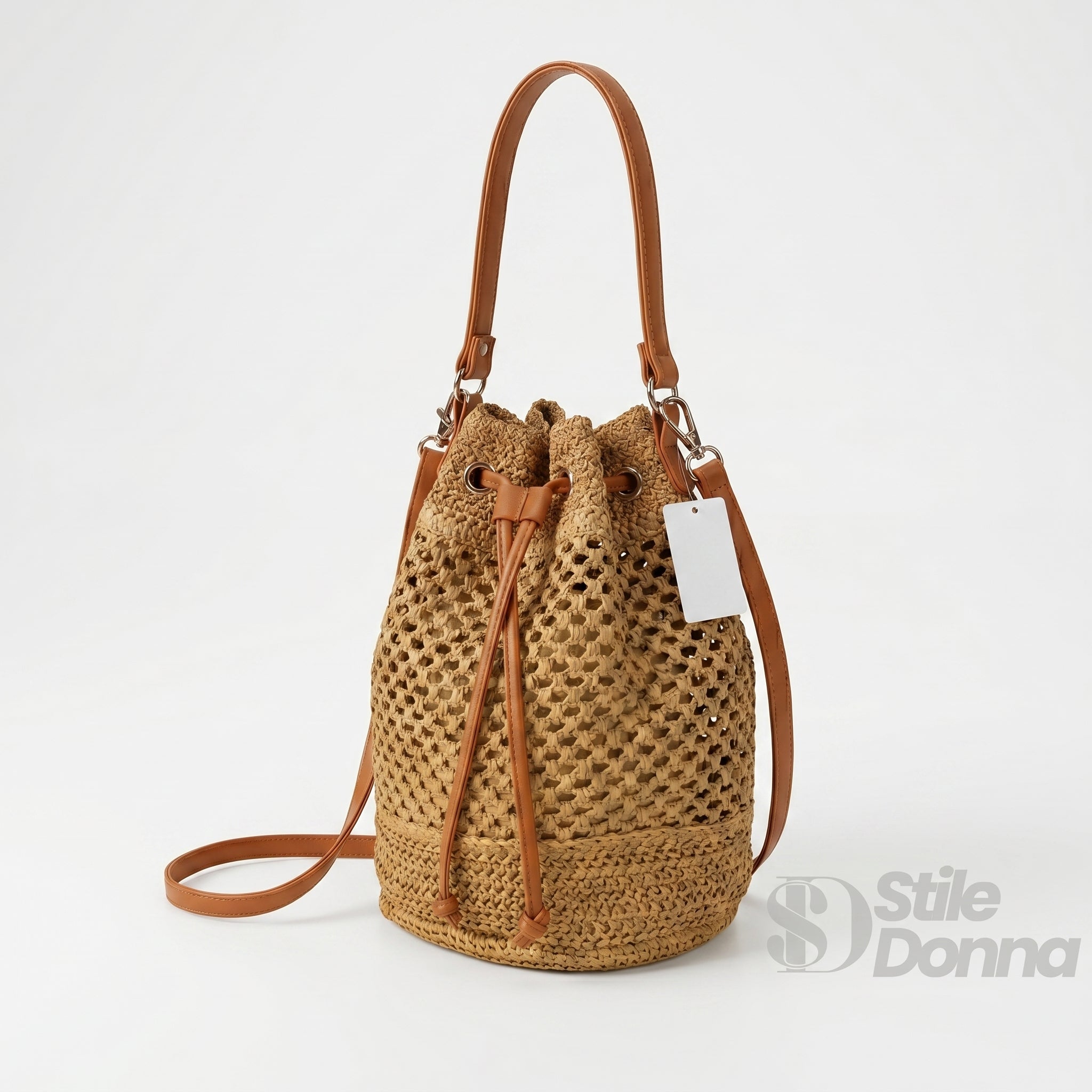 Stile Donna borsa secchiello paglia intrecciata spallacci ecopelle marrone – vista frontale