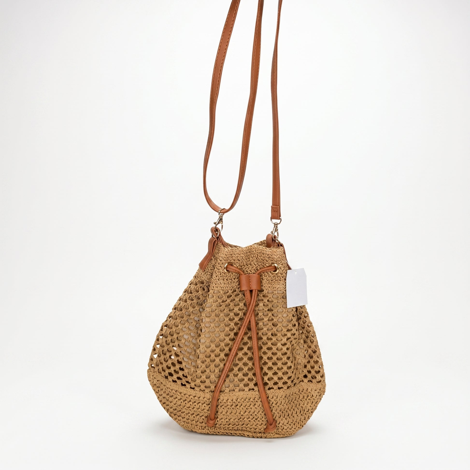 Stile Donna borsa secchiello paglia intrecciata spallacci ecopelle marrone – dettaglio esterno