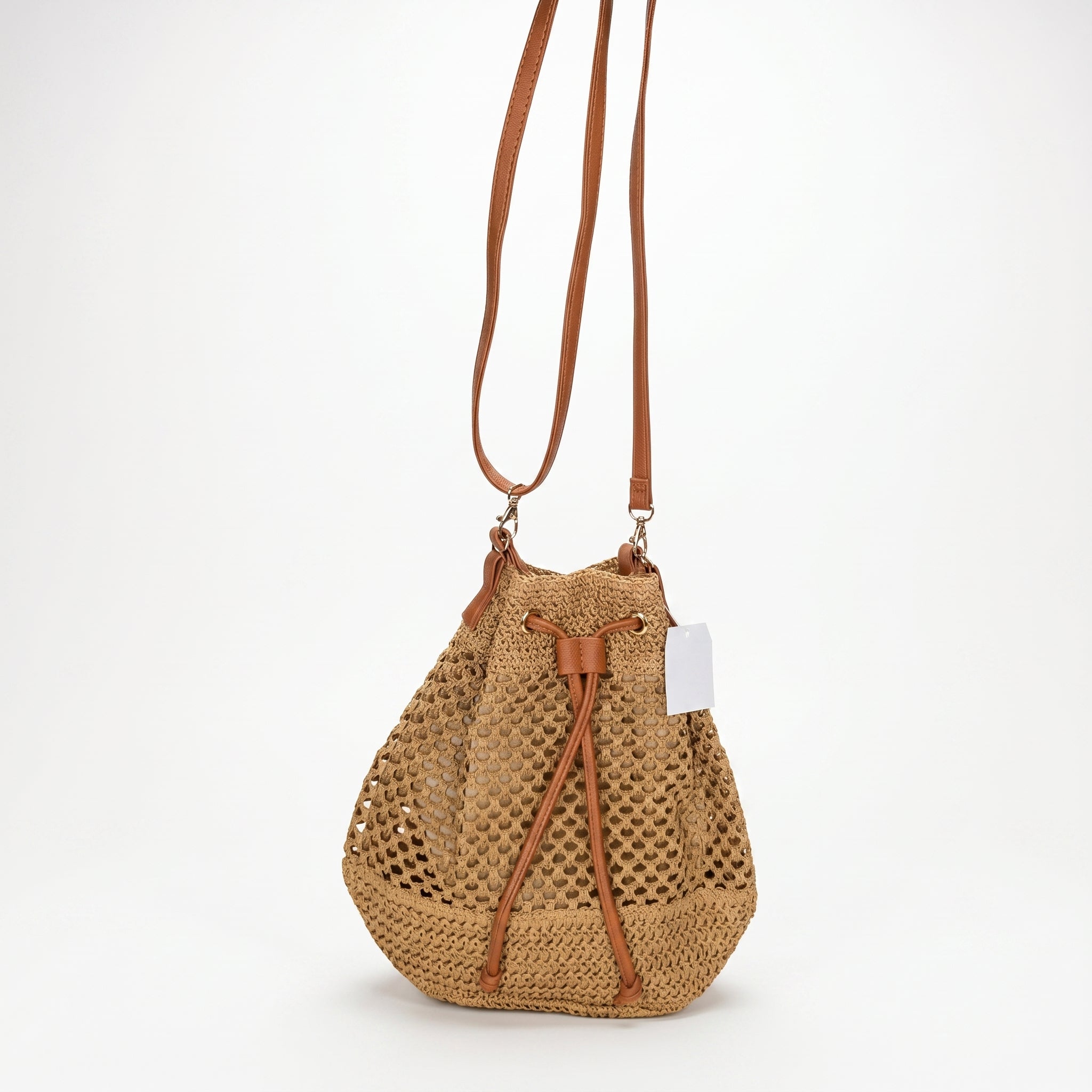 Stile Donna borsa secchiello paglia intrecciata spallacci ecopelle marrone – dettaglio esterno