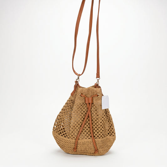 Stile Donna borsa secchiello paglia intrecciata spallacci ecopelle marrone – dettaglio esterno
