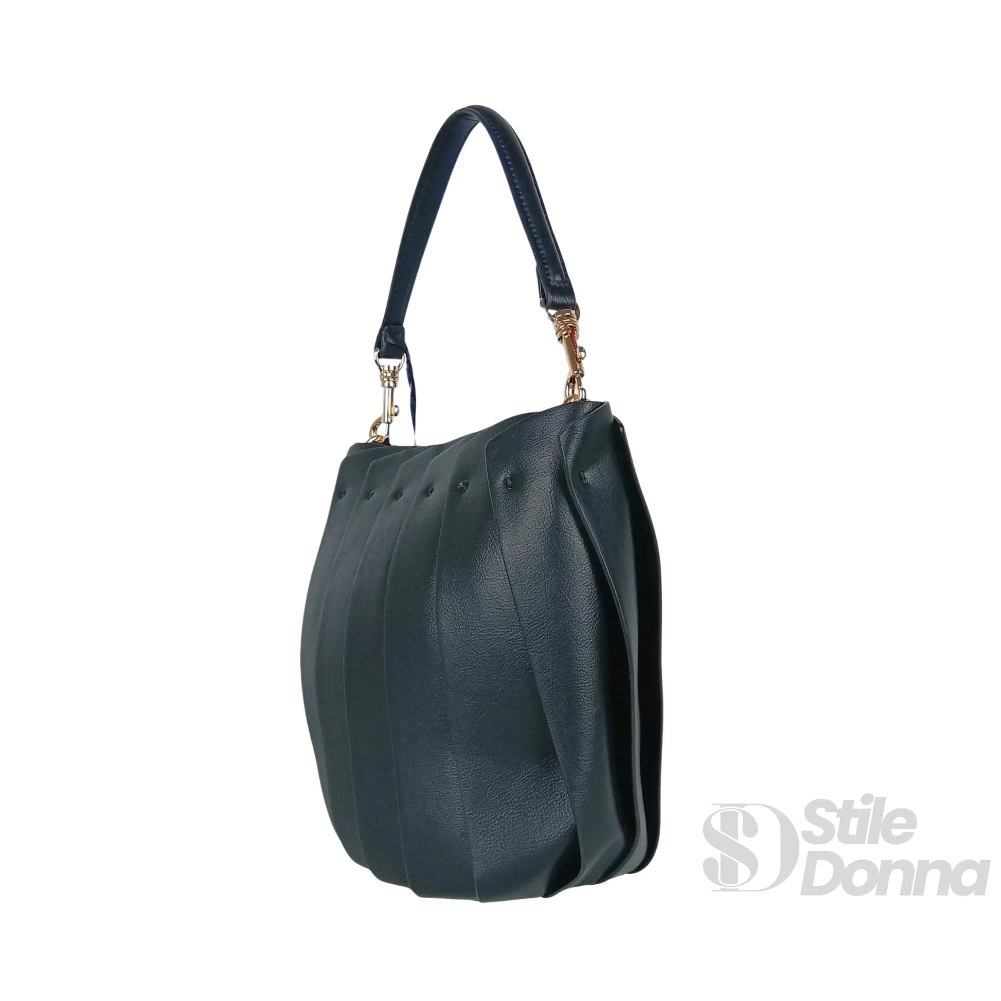 Stile Donna borsa secchiello ecopelle con finiture dorate – vista laterale