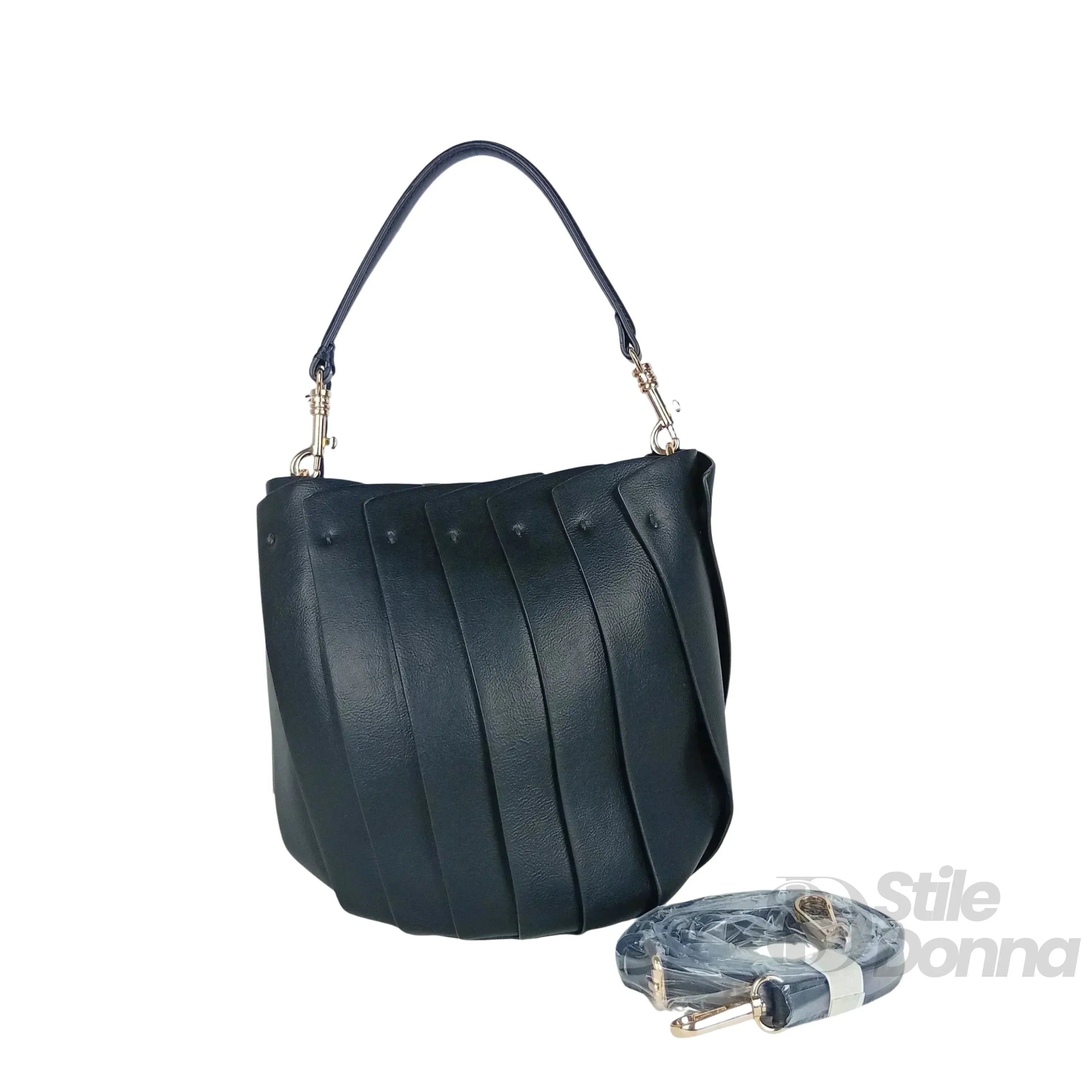 Stile Donna borsa secchiello ecopelle con finiture dorate – interno e tasche