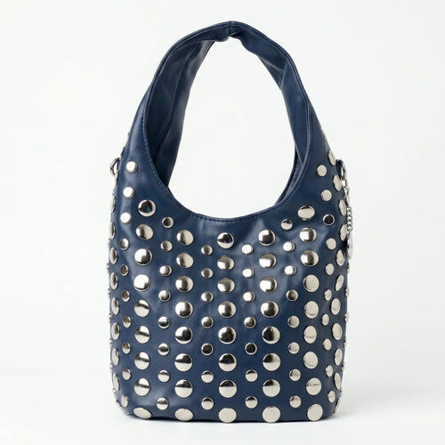 Stile Donna borsa Silver Dot media ecopelle blu con tracolla regolabile – vista laterale