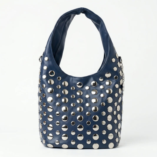 Stile Donna borsa Silver Dot media ecopelle blu con tracolla regolabile – vista laterale