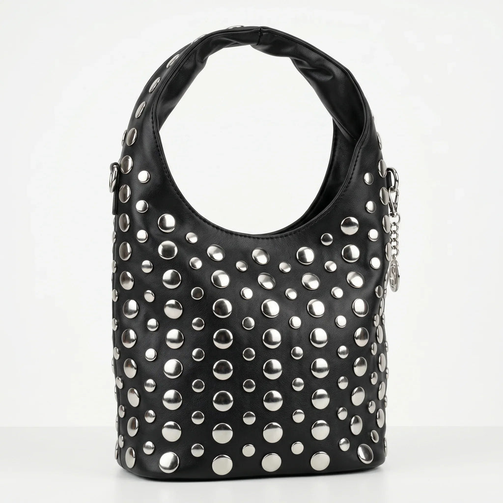 Stile Donna borsa Silver Dot media ecopelle nera con tracolla regolabile donna – vista frontale