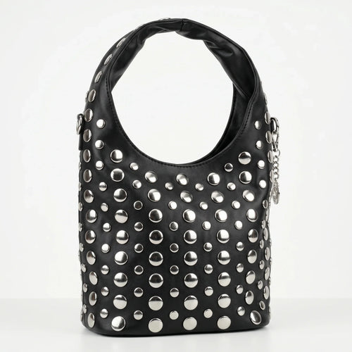Stile Donna borsa Silver Dot media ecopelle nera con tracolla regolabile donna – vista frontale