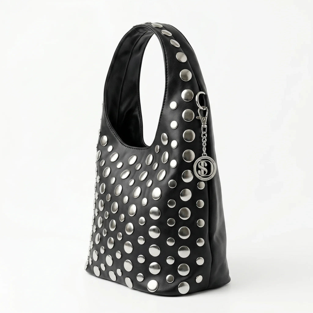Stile Donna borsa Silver Dot media ecopelle blu donna – borsa indossata