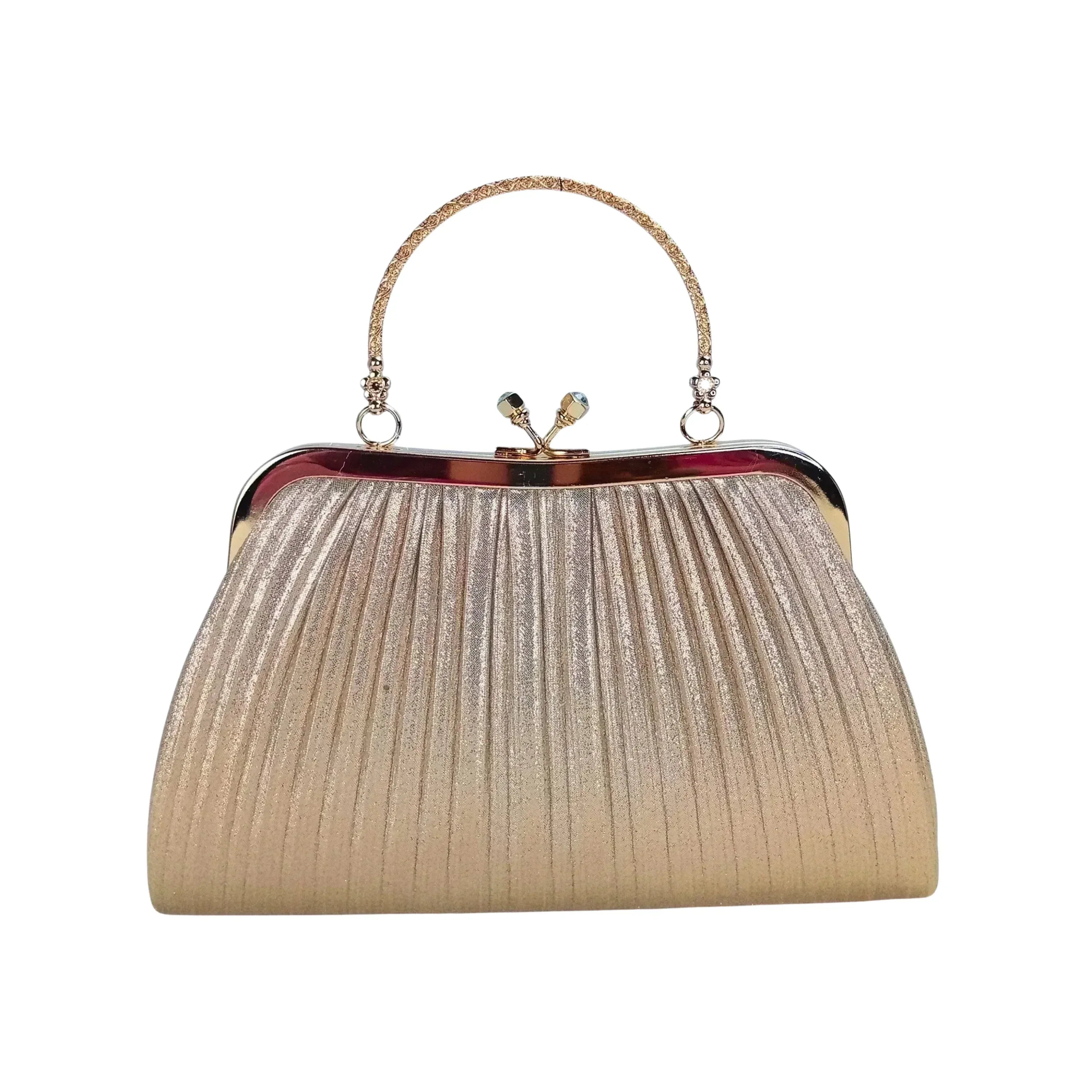 Stile Donna borsa soft pouch ecopelle strass cristallo dorato con tracolla donna – vista frontale