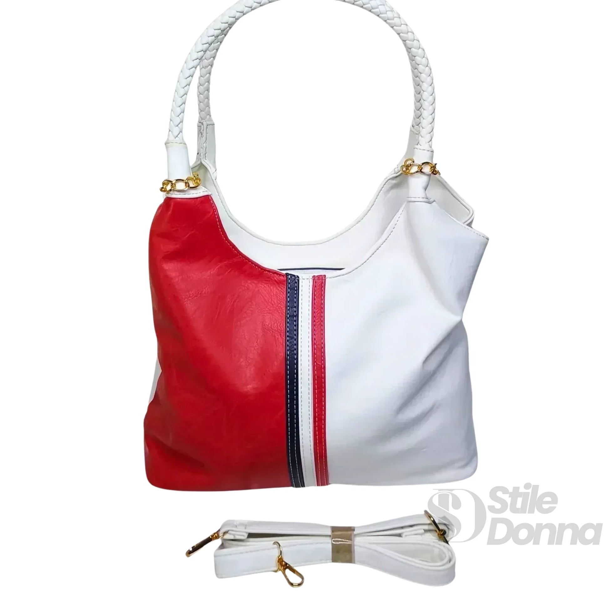 Stile Donna borsa tote spalla ecopelle tricolore manici intrecciati – vista laterale