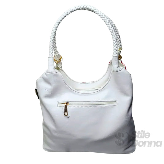 Stile Donna borsa tote spalla ecopelle bianca tricolore manici intrecciati – dettaglio esterno
