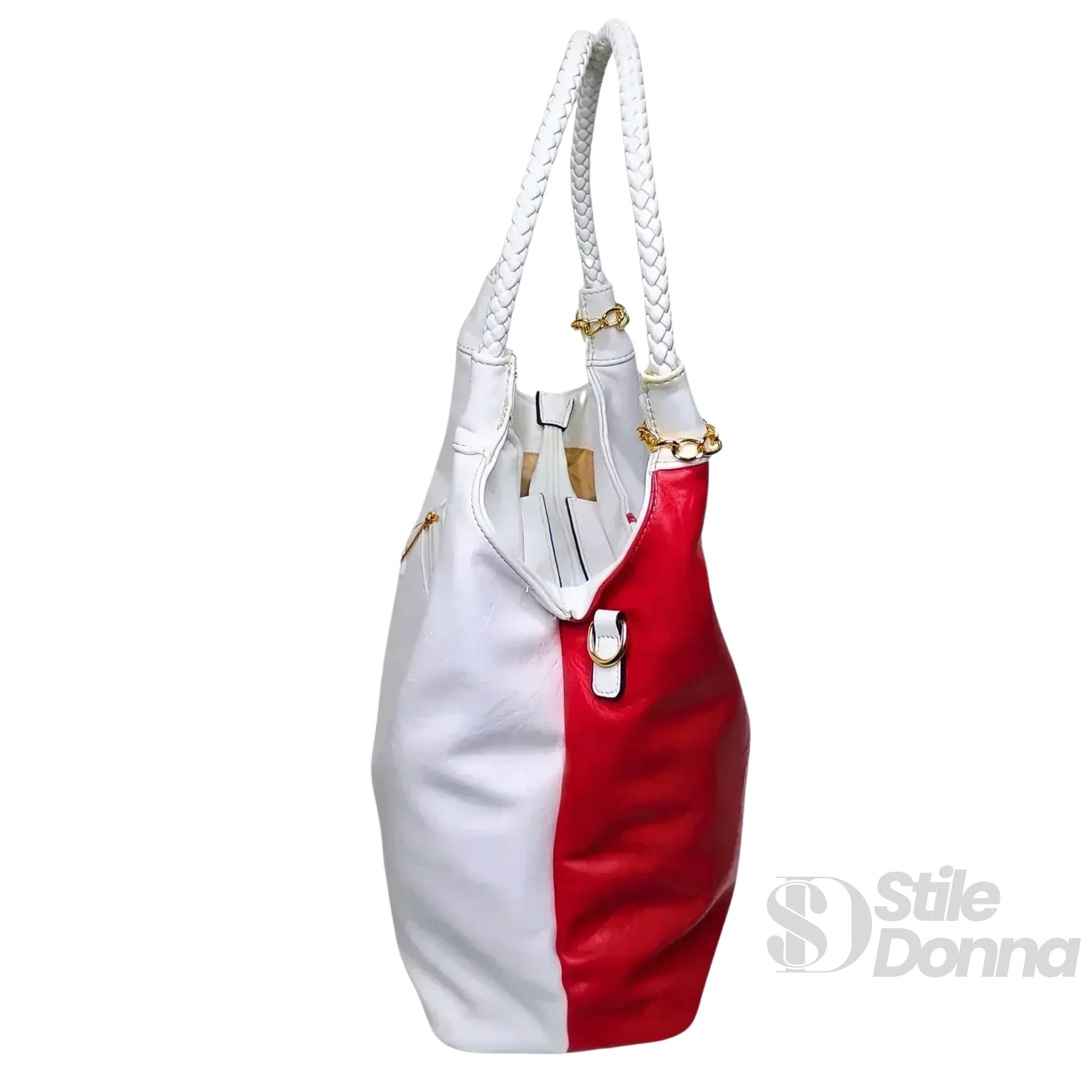 Stile Donna borsa tote spalla ecopelle tricolore manici intrecciati donna – borsa indossata