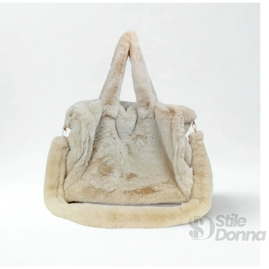 Stile Donna borsa tote pelliccia sintetica color crema – dettaglio chiusura