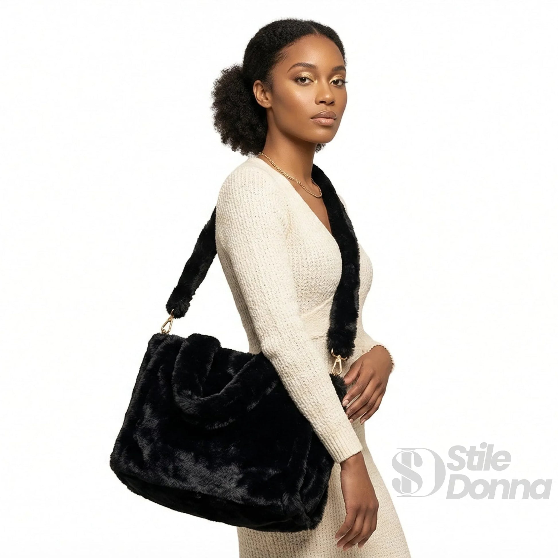 Stile Donna borsa tote pelliccia sintetica color crema – vista laterale