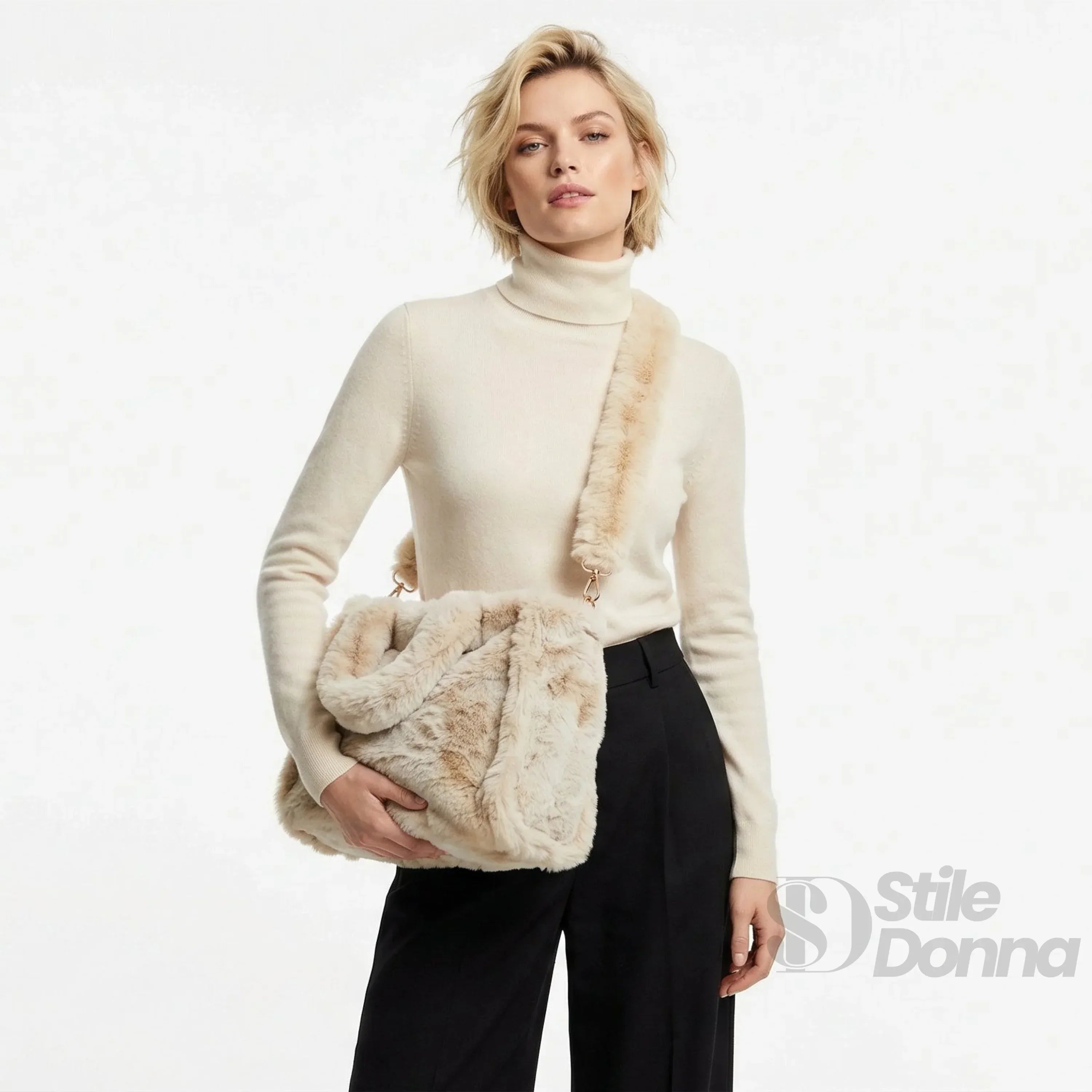 Stile Donna borsa tote pelliccia sintetica color crema – dettaglio esterno