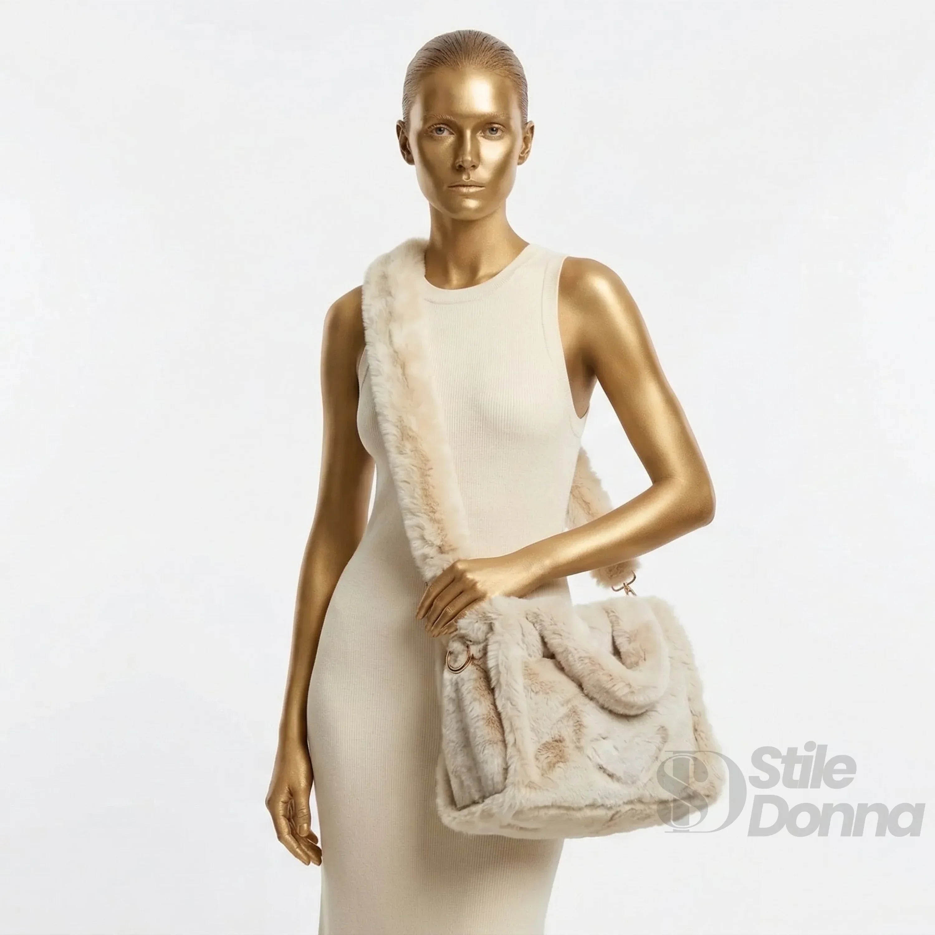 Stile Donna borsa tote pelliccia sintetica color crema – interno e tasche