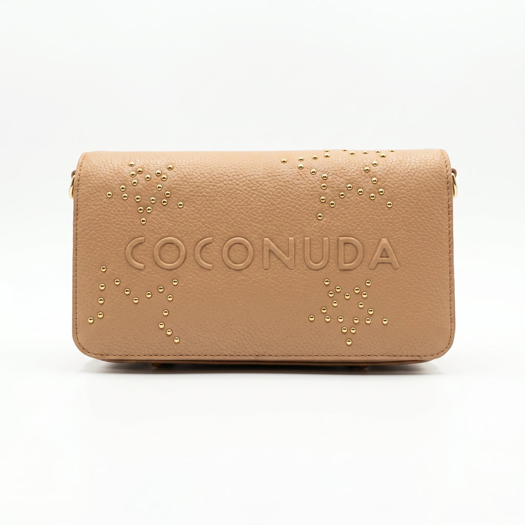 Borsa Coconuda beige ecopelle logo borchie - vista laterale