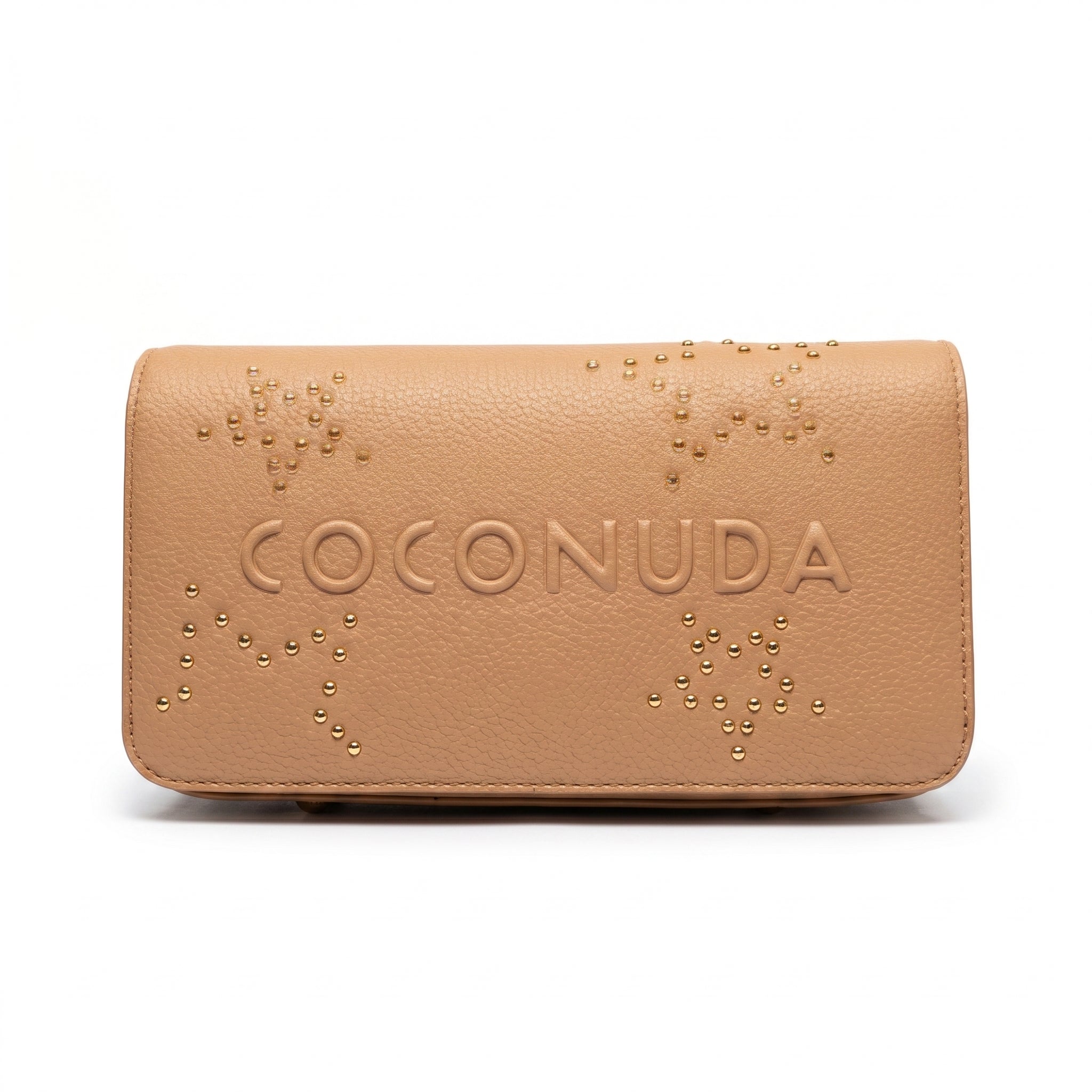 Borsa tracolla Coconuda beige ecopelle pebbled logo e borchie sferiche - dettaglio frontale