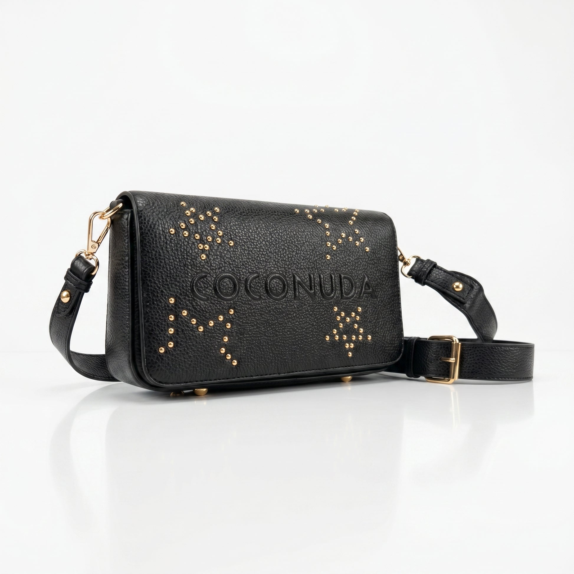 Borsa tracolla Coconuda nera ecopelle borchie dorate con tracolla regolabile - vista frontale