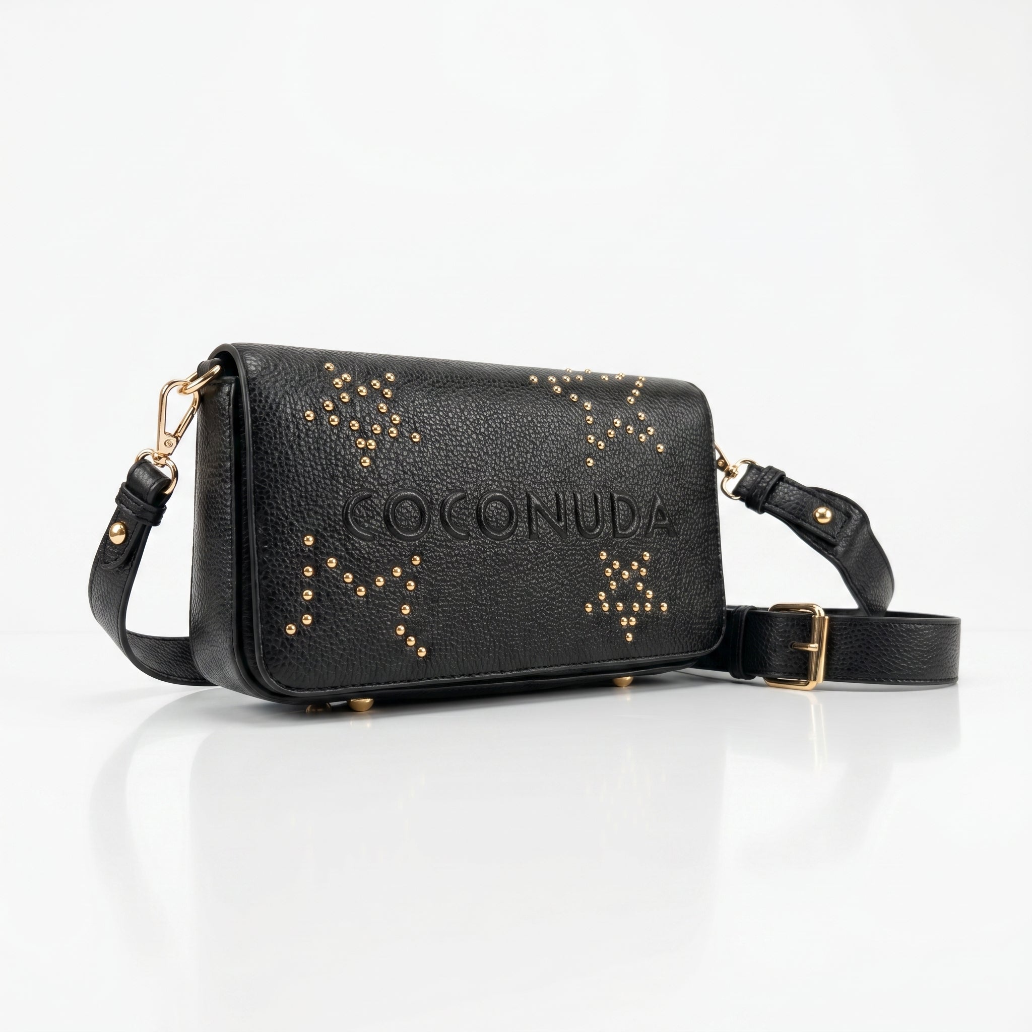 Borsa tracolla Coconuda nera ecopelle borchie dorate con tracolla regolabile - vista frontale