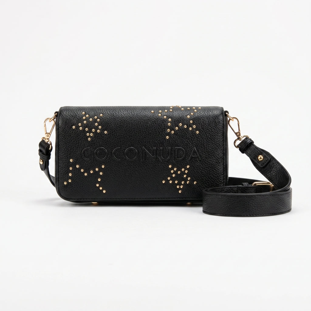 Borsa tracolla Coconuda nera ecopelle logo rilievo borchie oro con tracolla - vista laterale