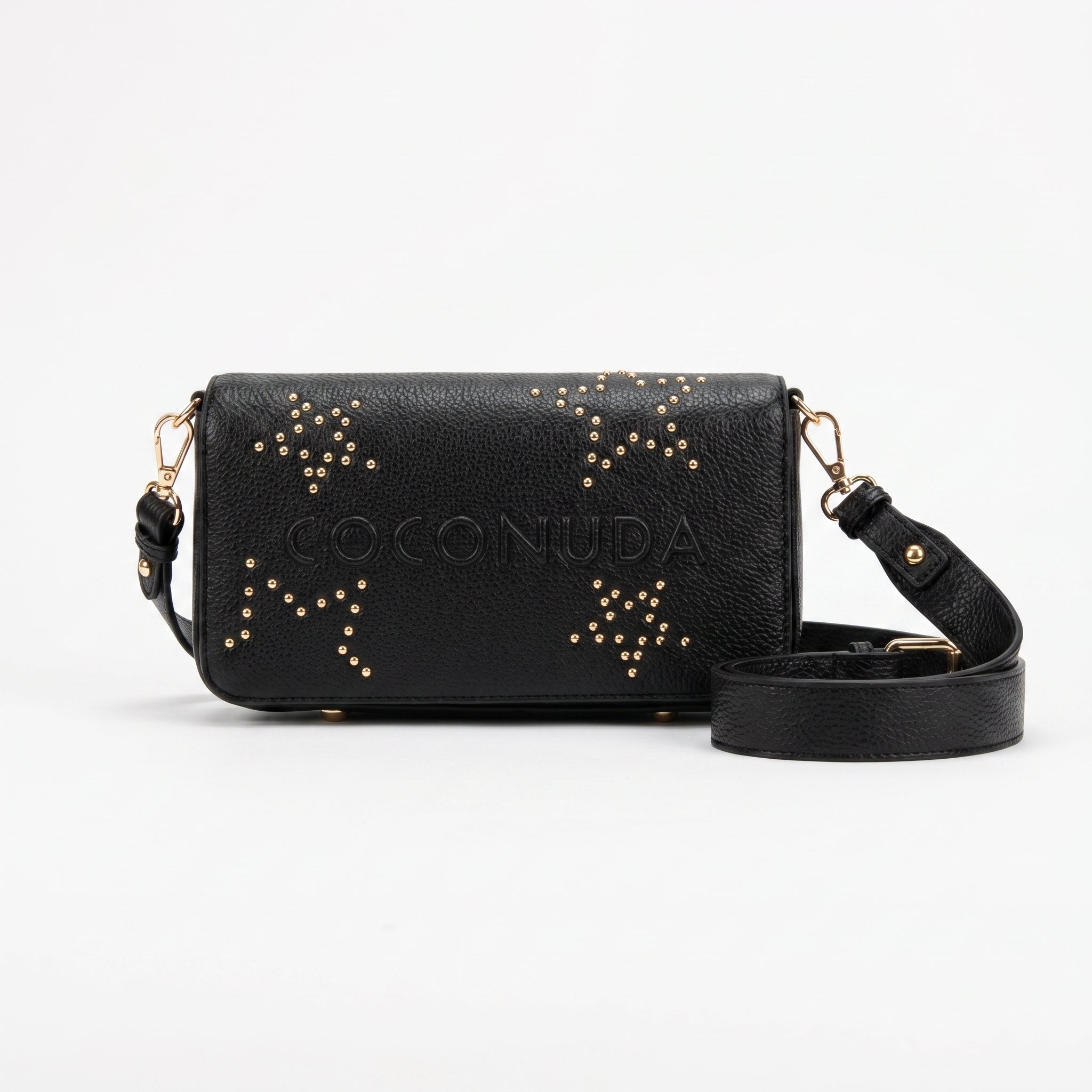 Borsa tracolla Coconuda nera ecopelle logo rilievo borchie oro con tracolla - vista laterale