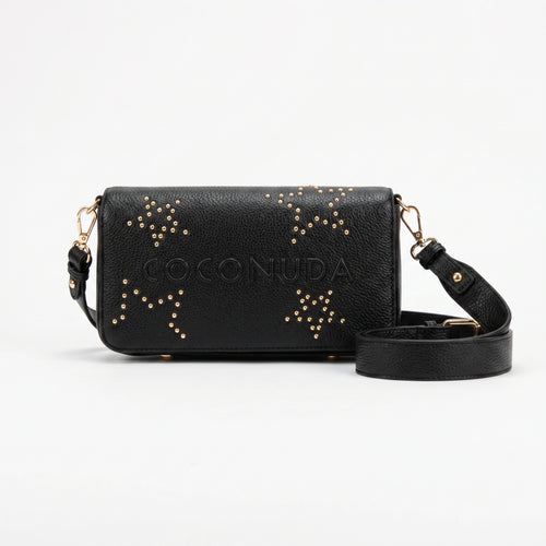 Borsa tracolla Coconuda nera ecopelle logo rilievo borchie oro con tracolla - vista laterale