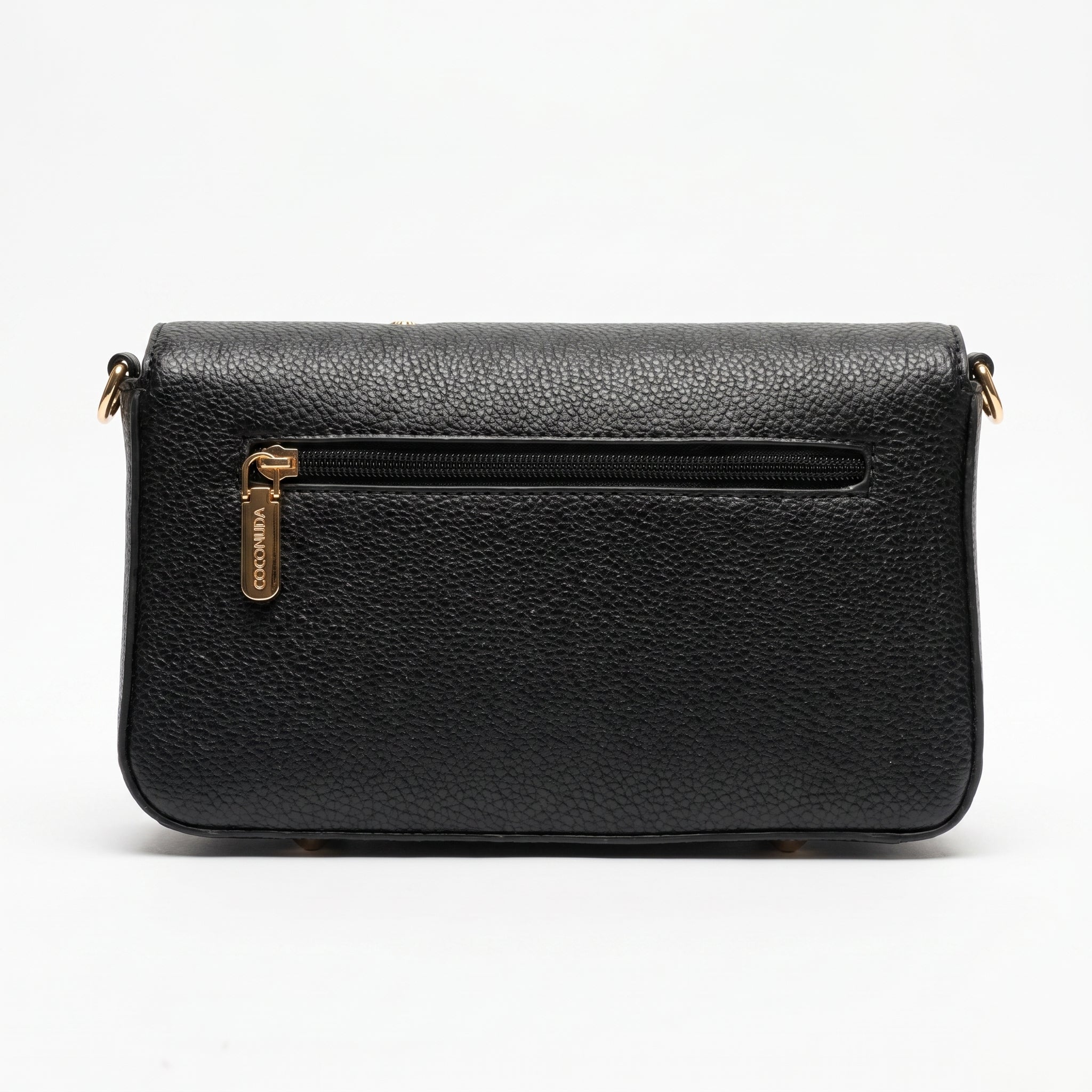 Borsa Coconuda nera ecopelle borchie dorate con tracolla - vista posteriore con zip