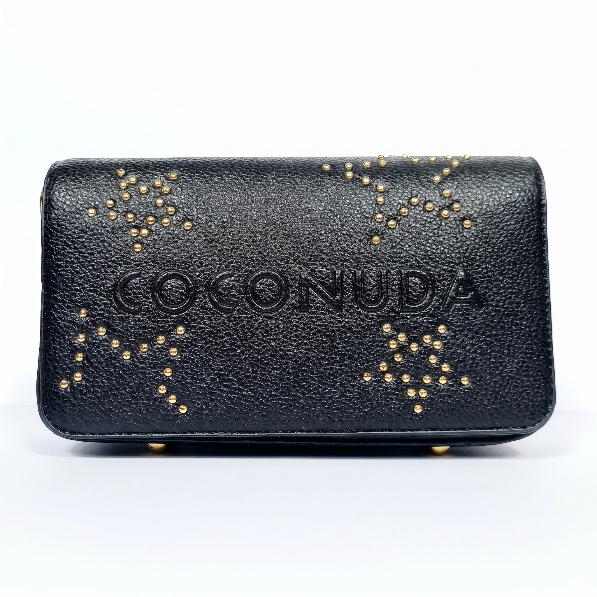 Borsa tracolla Coconuda beige ecopelle con logo in rilievo e borchie dorate - vista frontale