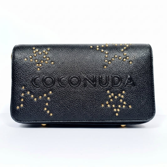 Borsa tracolla Coconuda beige ecopelle con logo in rilievo e borchie dorate - vista frontale