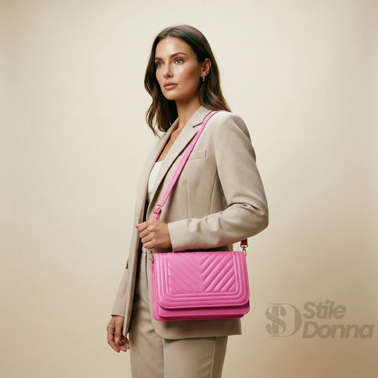 Stile Donna borsa trapuntata ecopelle nera design triangoli – vista laterale