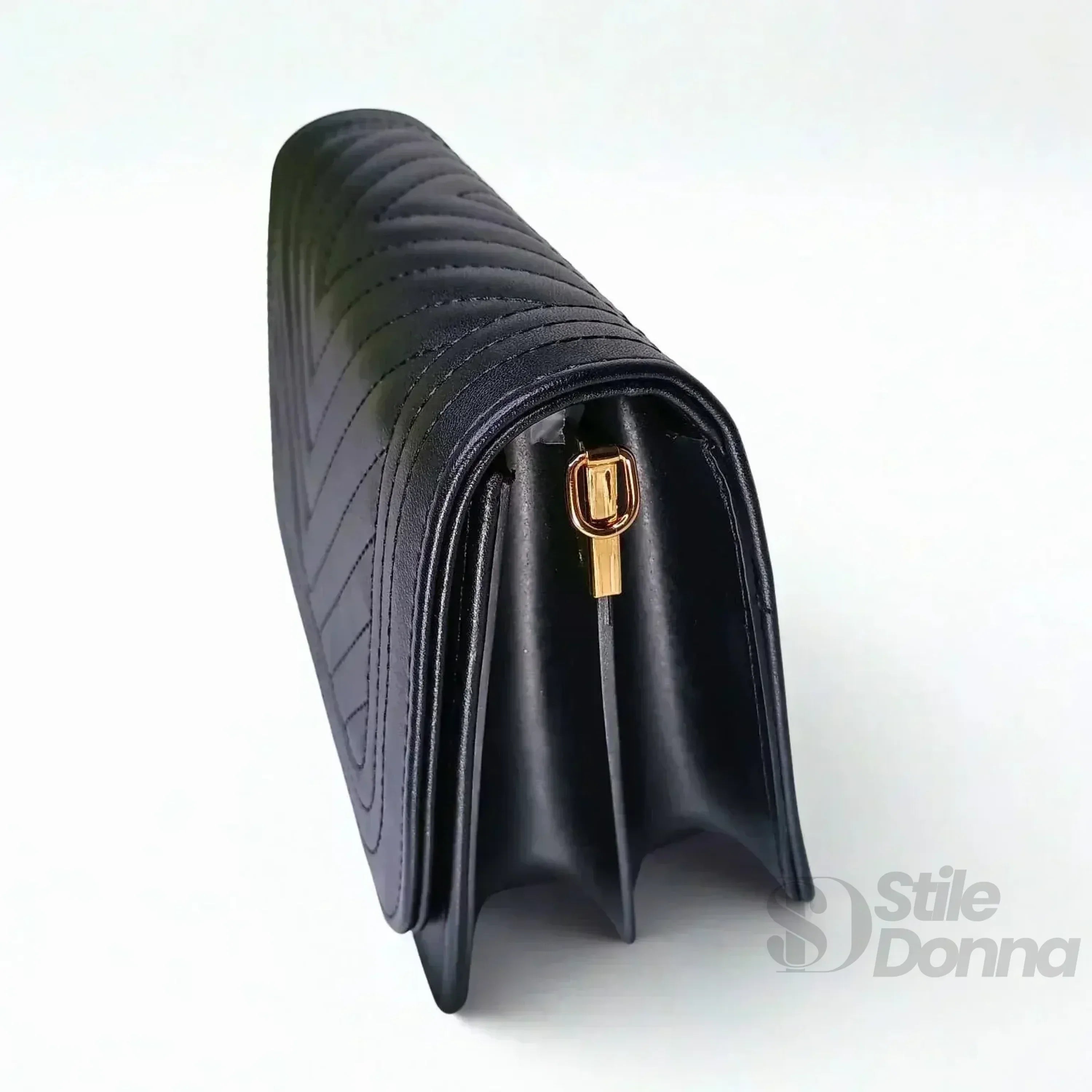 Stile Donna borsa trapuntata ecopelle nera design triangoli – interno e tasche