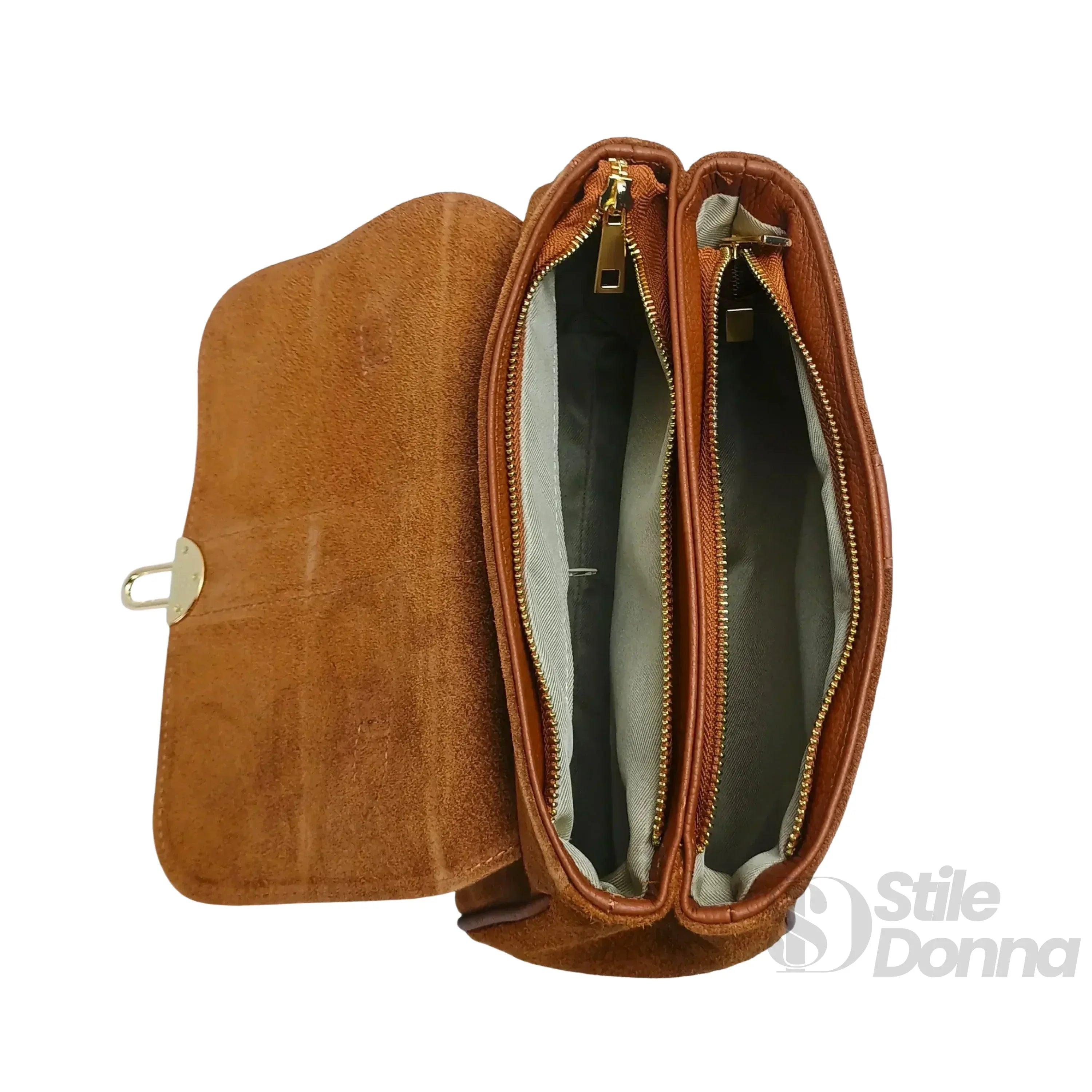 Borsa Venezia ecopelle scamosciata con finiture dorate – interno e tasche