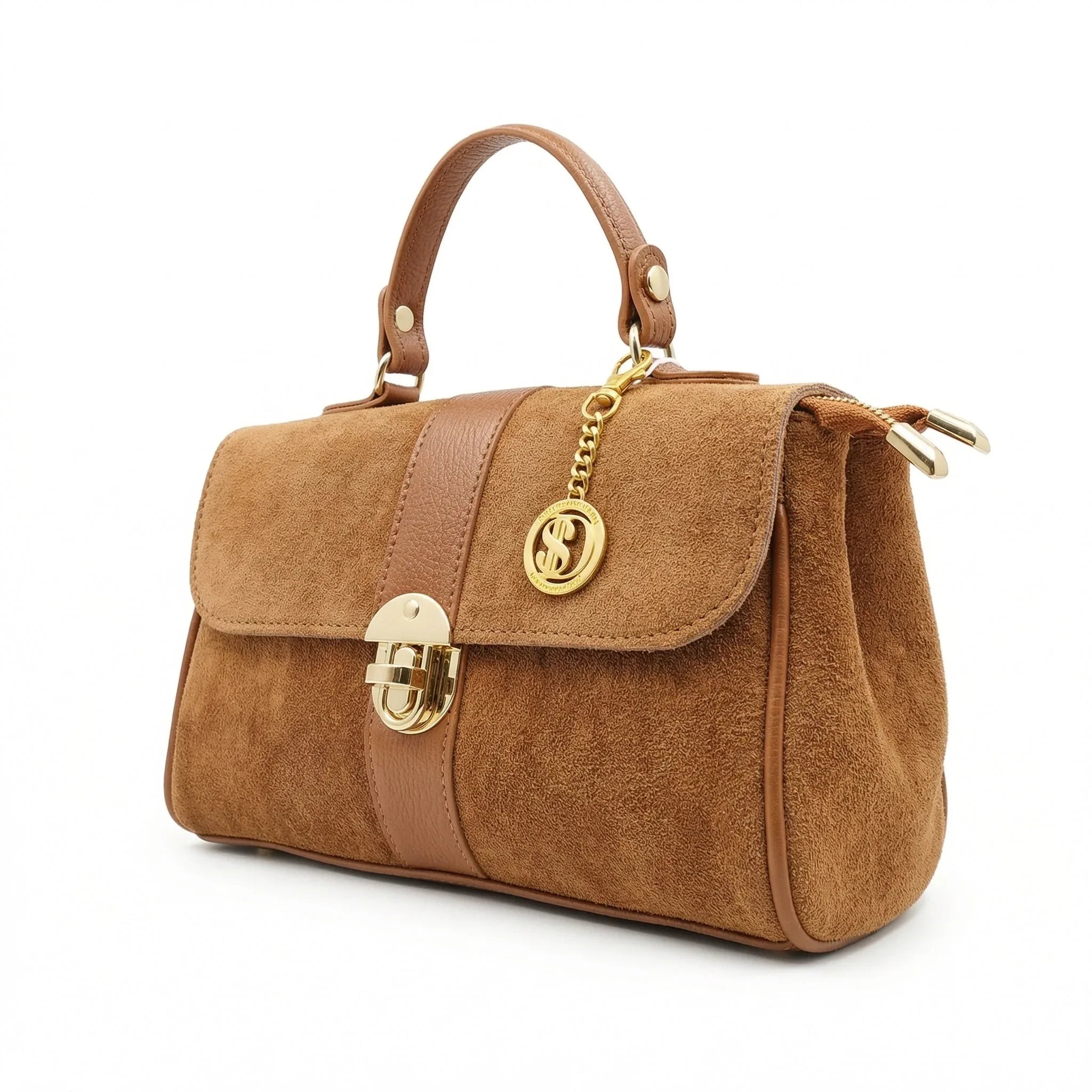 Borsa Venezia ecopelle scamosciata con finiture dorate – vista laterale