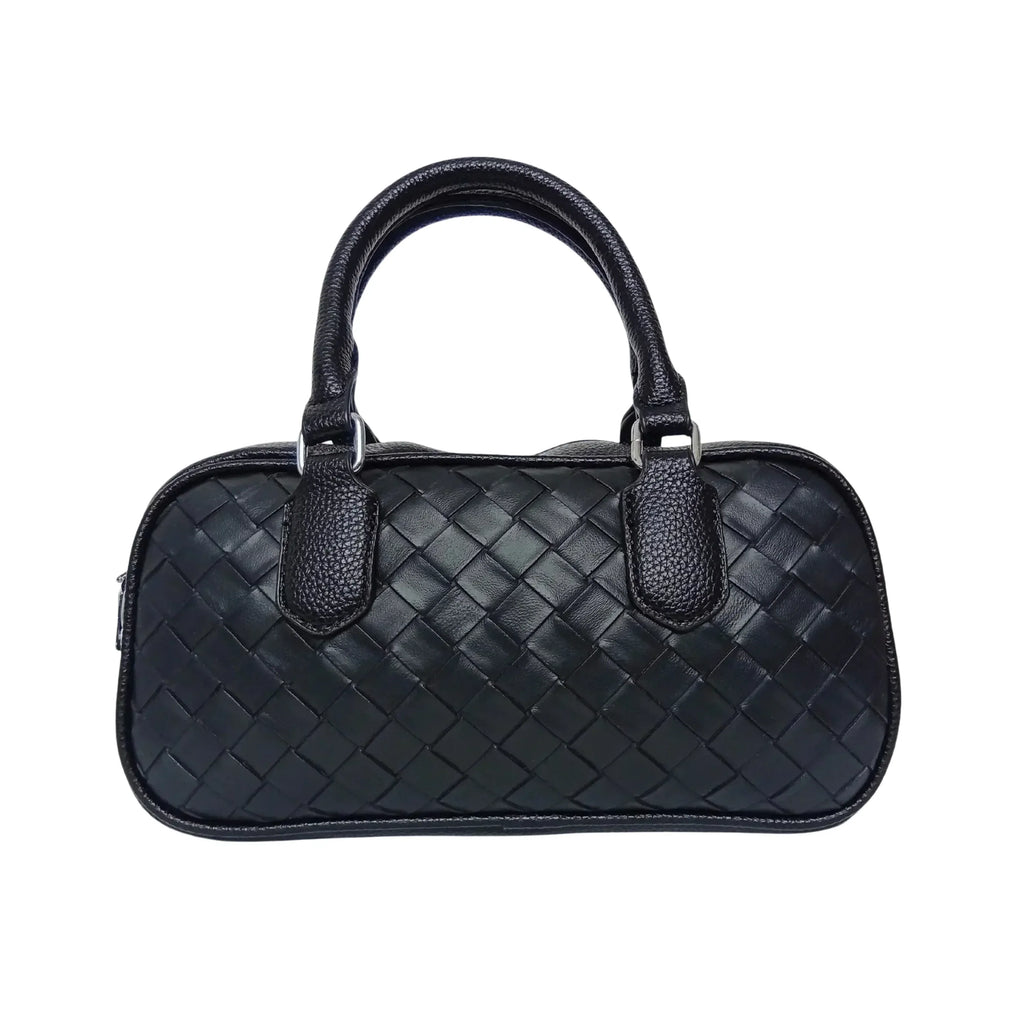 Stile Donna borsa a cilindro ecopelle nera intrecciata con fodera microfibra donna – vista frontale