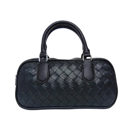 Stile Donna borsa a cilindro ecopelle nera intrecciata con fodera microfibra donna – vista frontale