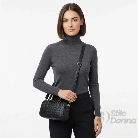 Stile Donna borsa a cilindro ecopelle nera intrecciata fodera microfibra – vista laterale
