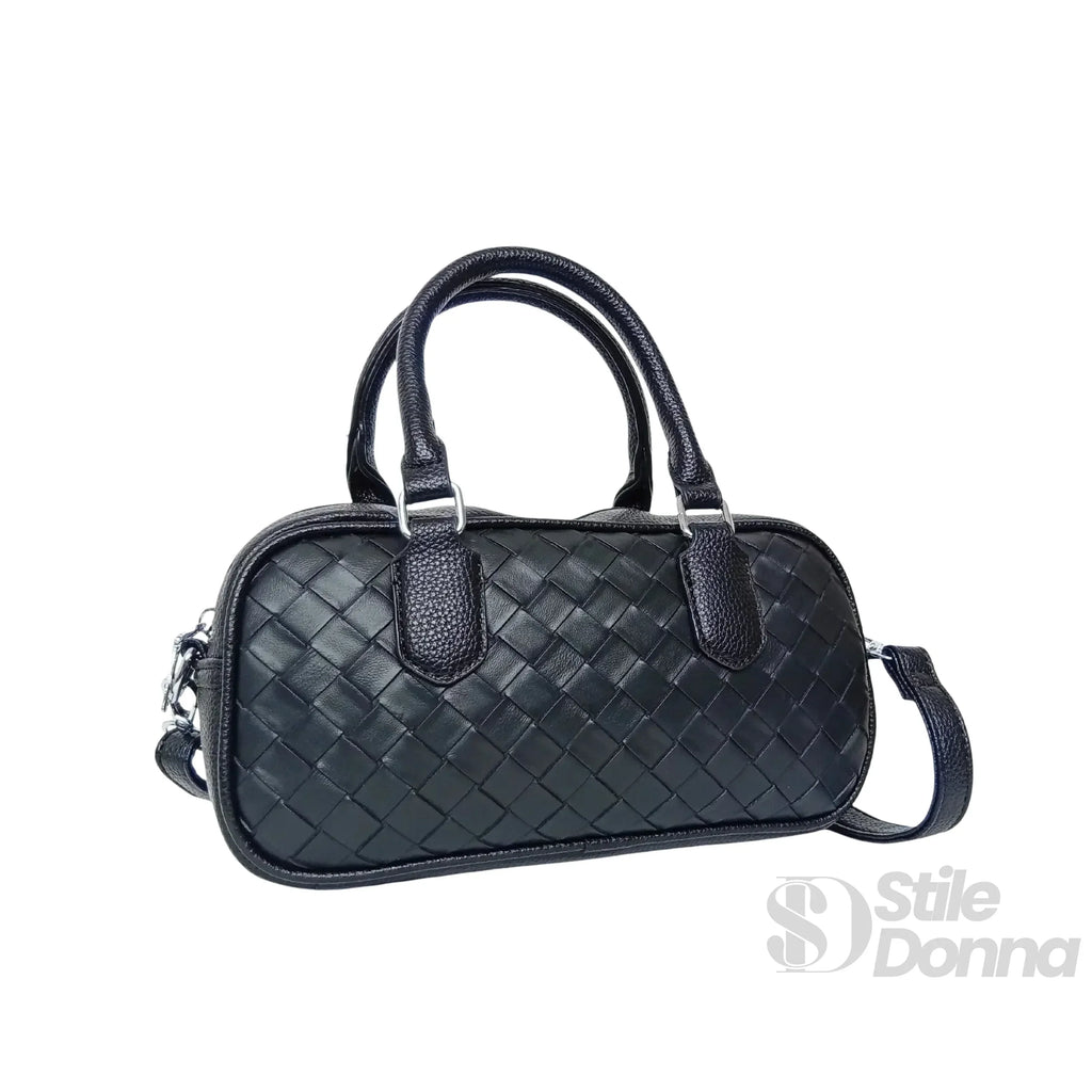 Stile Donna borsa a cilindro ecopelle nera intrecciata – dettaglio esterno