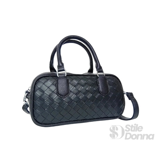 Stile Donna borsa a cilindro ecopelle nera intrecciata – dettaglio esterno