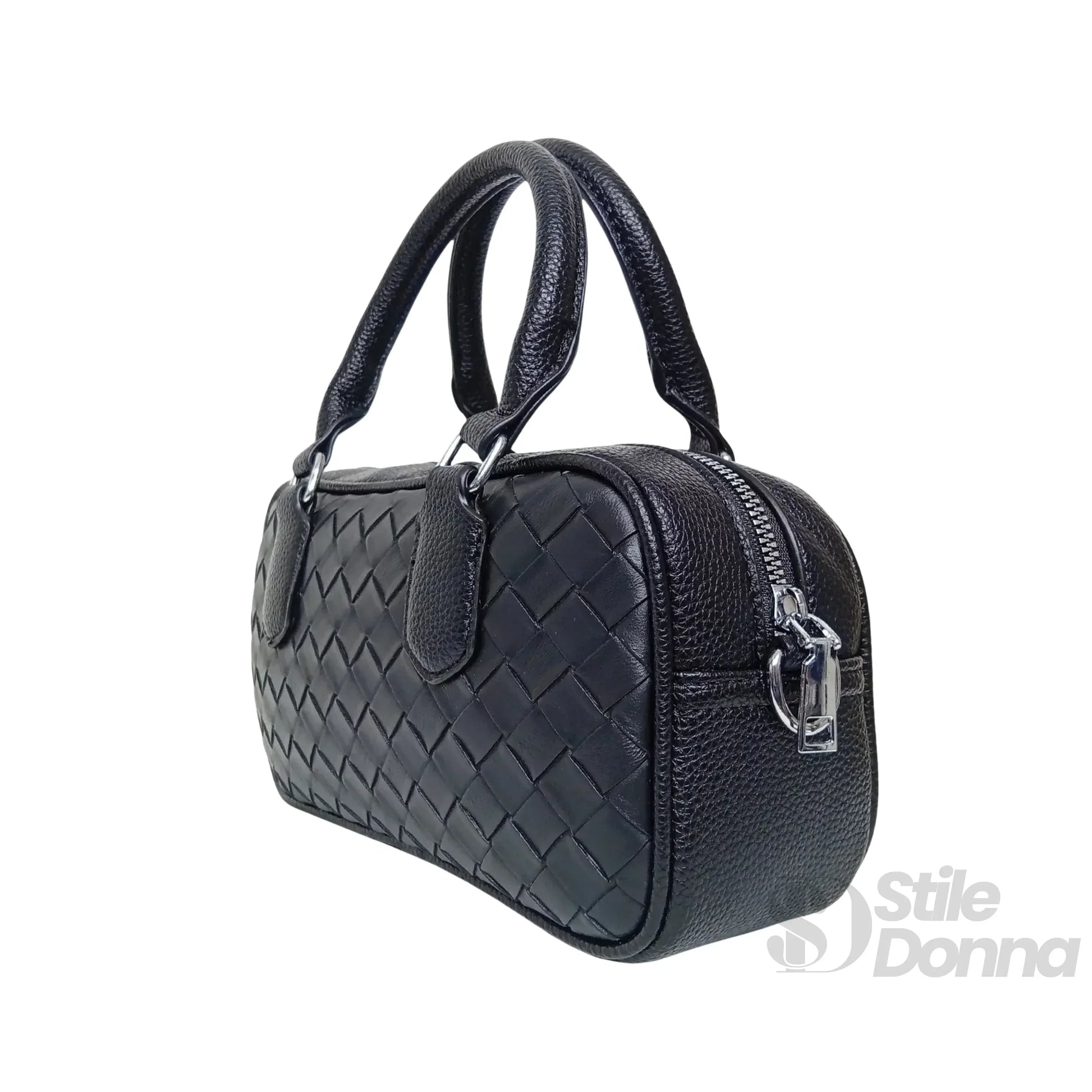 Stile Donna borsa a cilindro ecopelle nera intrecciata con fodera microfibra – interno e tasche