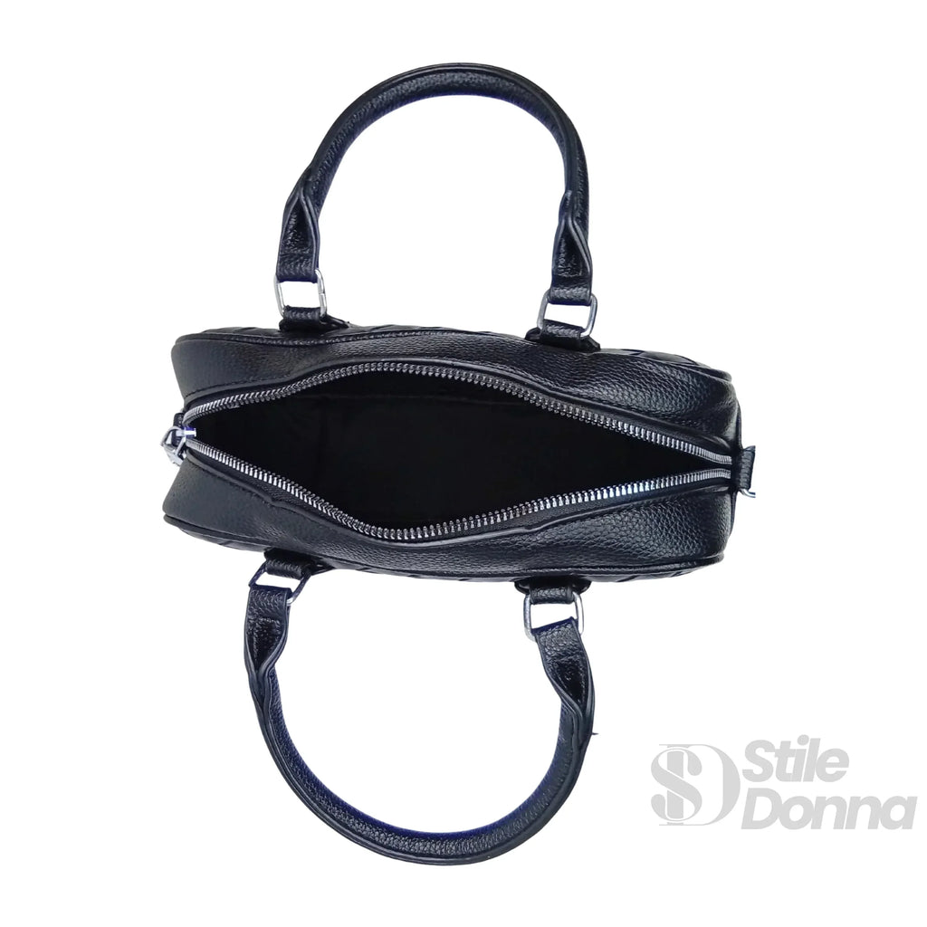 Stile Donna borsa a cilindro ecopelle nera intrecciata – dettaglio chiusura