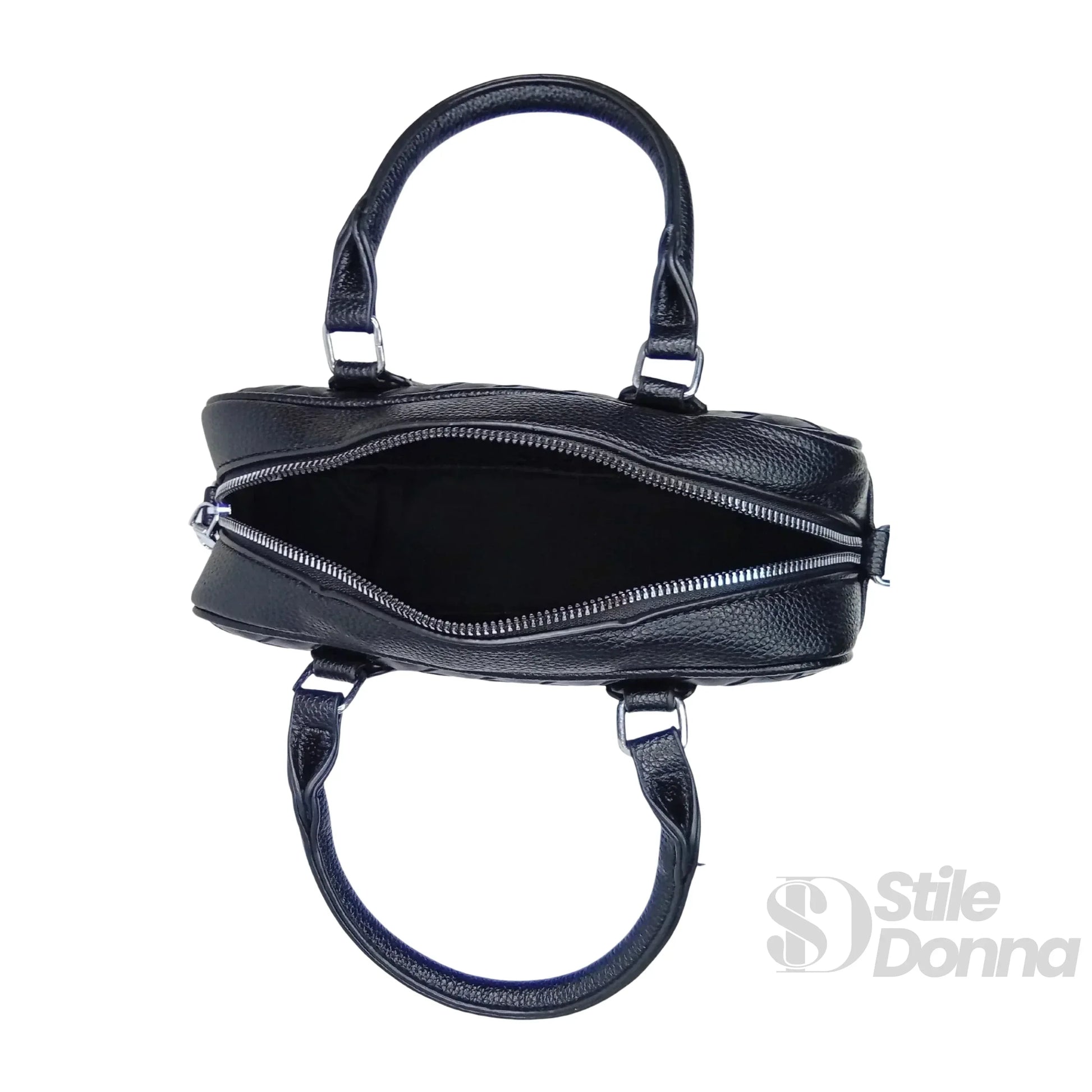 Stile Donna borsa a cilindro ecopelle nera intrecciata – dettaglio chiusura