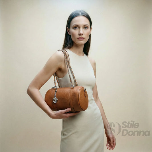 Stile Donna borsa a cilindro ecopelle con doppio manico – vista laterale