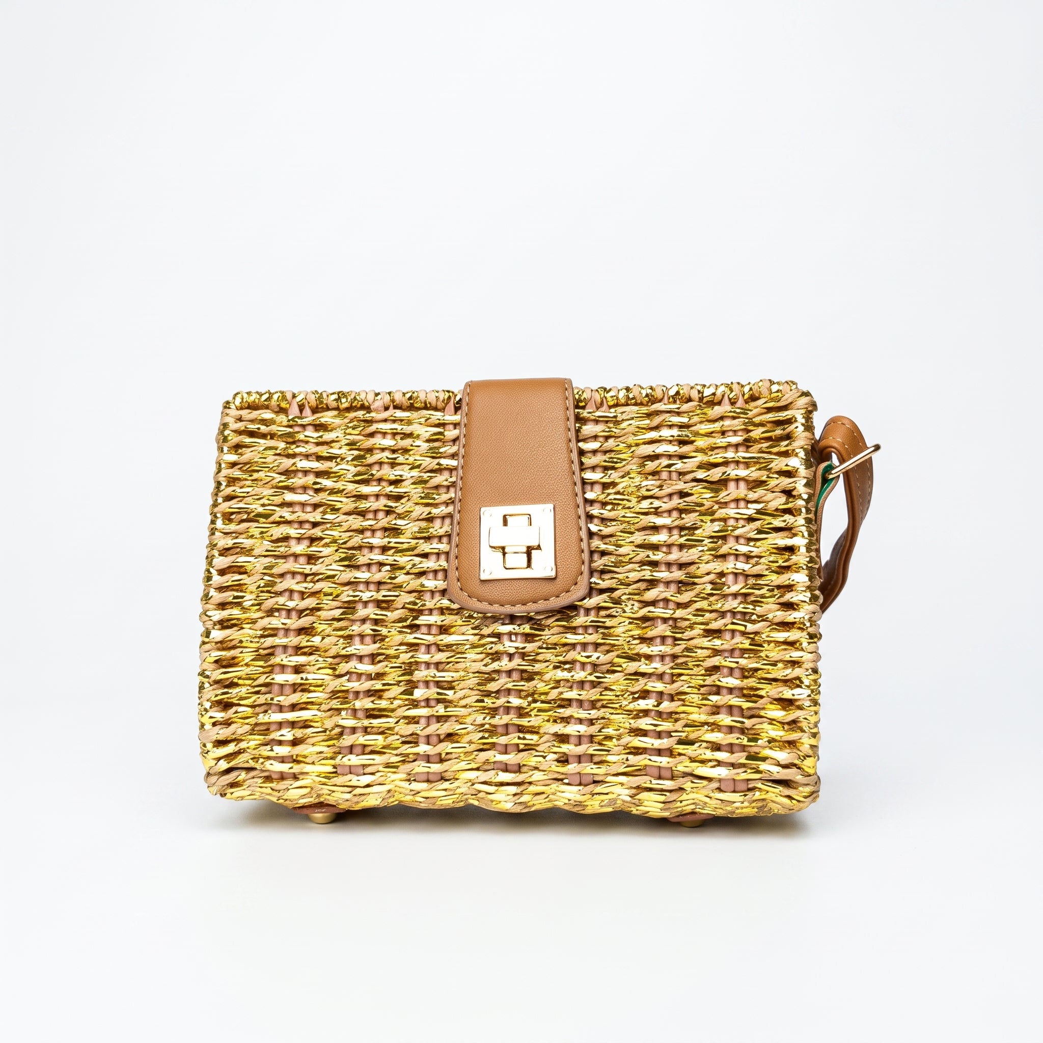 Woven handbag with a brown leather strap on a white background