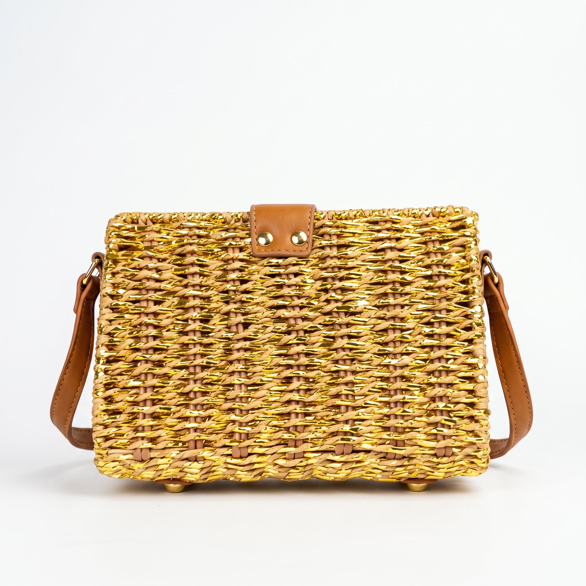Woven handbag with a brown strap on a white background