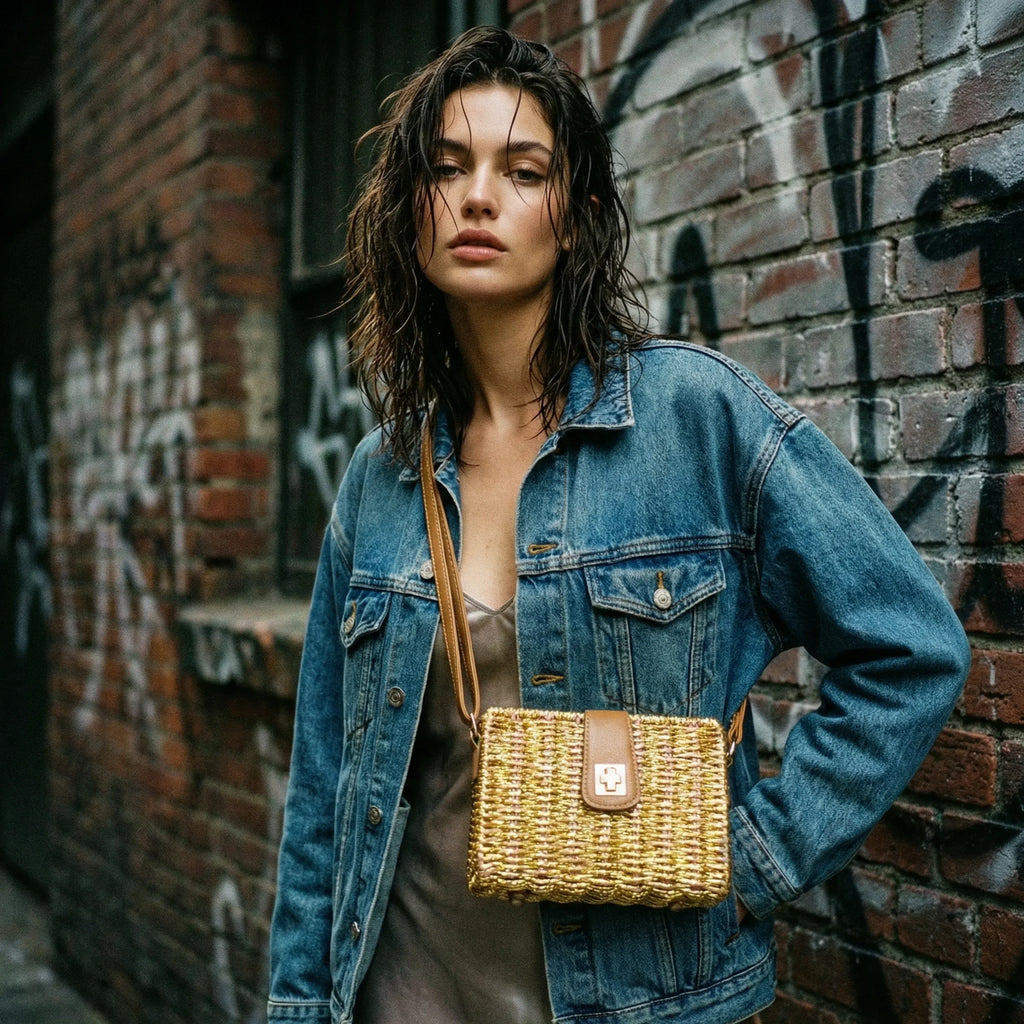 Stile Donna borsa a mano paglia naturale intrecciata con tracolla – vista laterale