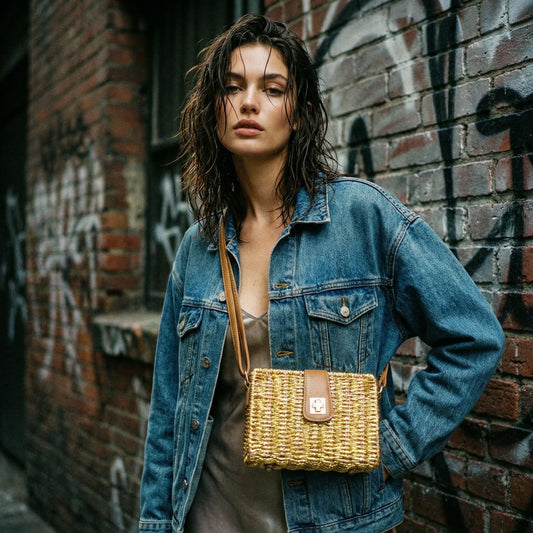 Stile Donna borsa a mano paglia naturale intrecciata con tracolla – vista laterale
