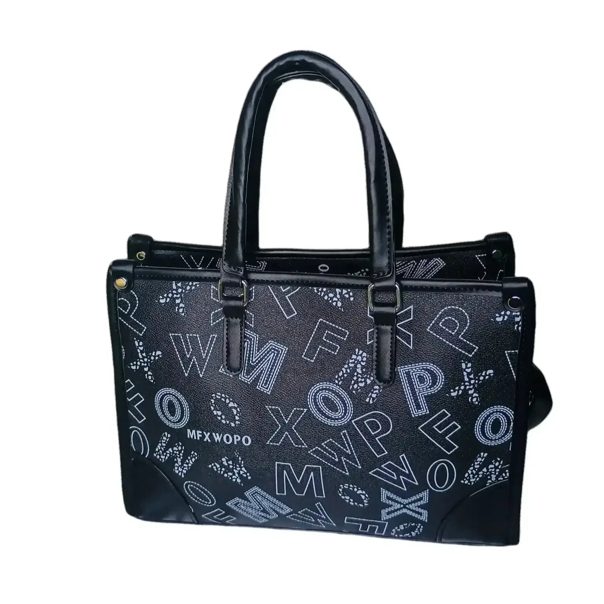 Stile Donna borsa a mano ecopelle nera con stampa e tracolla donna – vista frontale